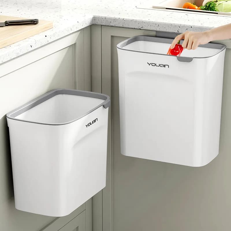 Kitchen Wall-Mounted Trash Can with Lid Bathroom Toilet Living Room Paper Basket Compost Hanging Storage Bucket Home Use