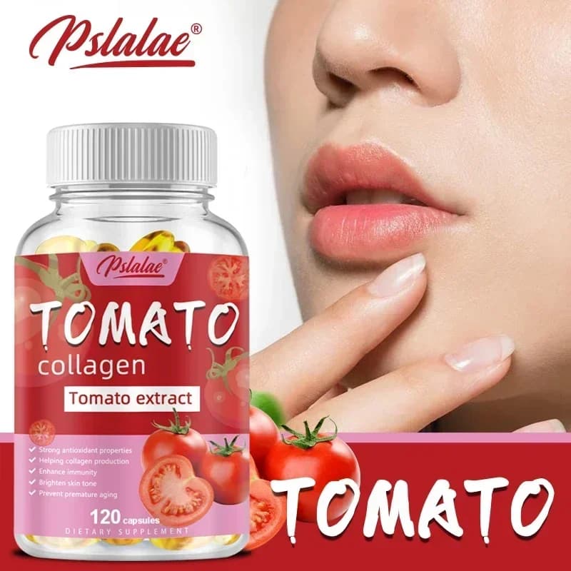 Collagen capsules with vitamins and tomato extract, food supplement