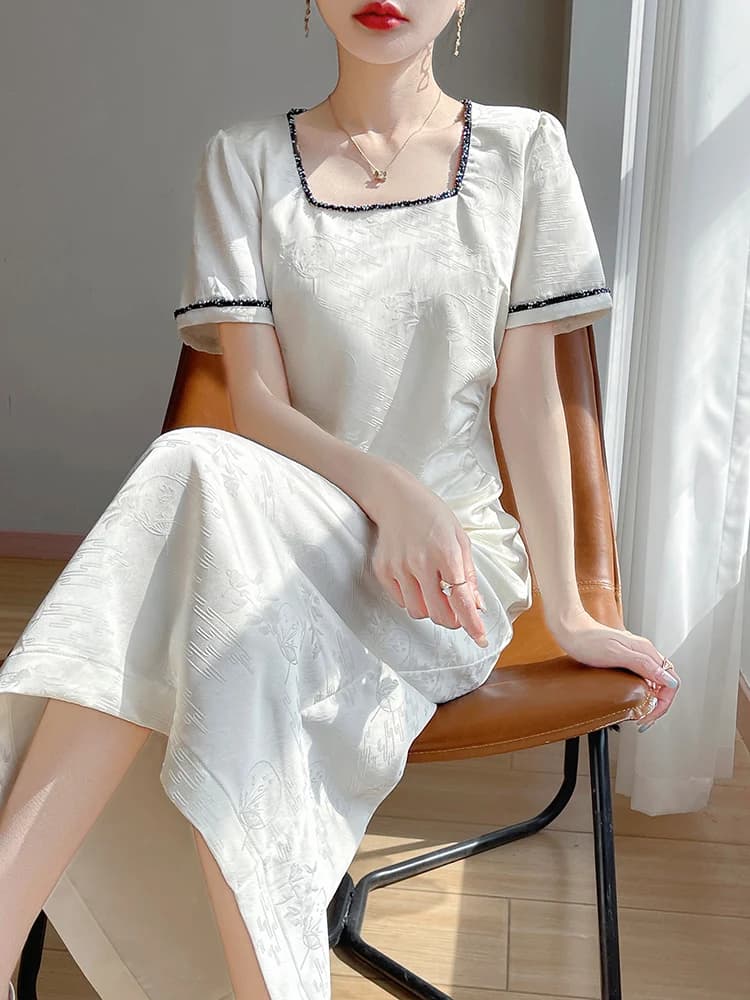 Square Collar Short Sleeve Women's Dress Summer New Vintage Waist Cinched High-End Acetate Satin Commute Style Mid-Length A-L...