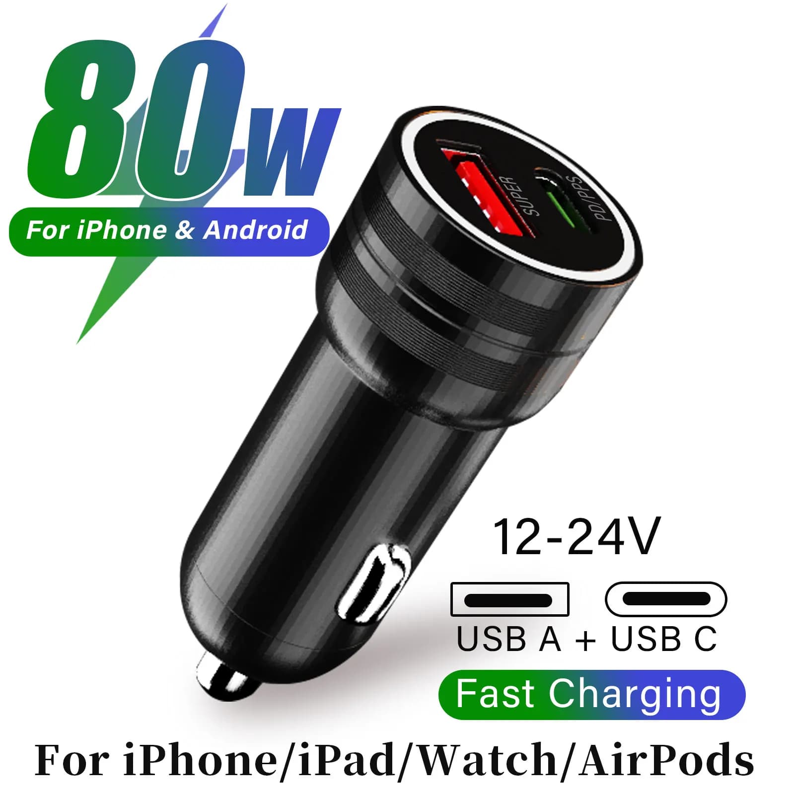 Per caricabatteria da auto Apple per iPhone 17 16 15 iPad AirPods Watch Adattatore per accendisigari USB C a 2 porte per tablet Samsung S25 Google