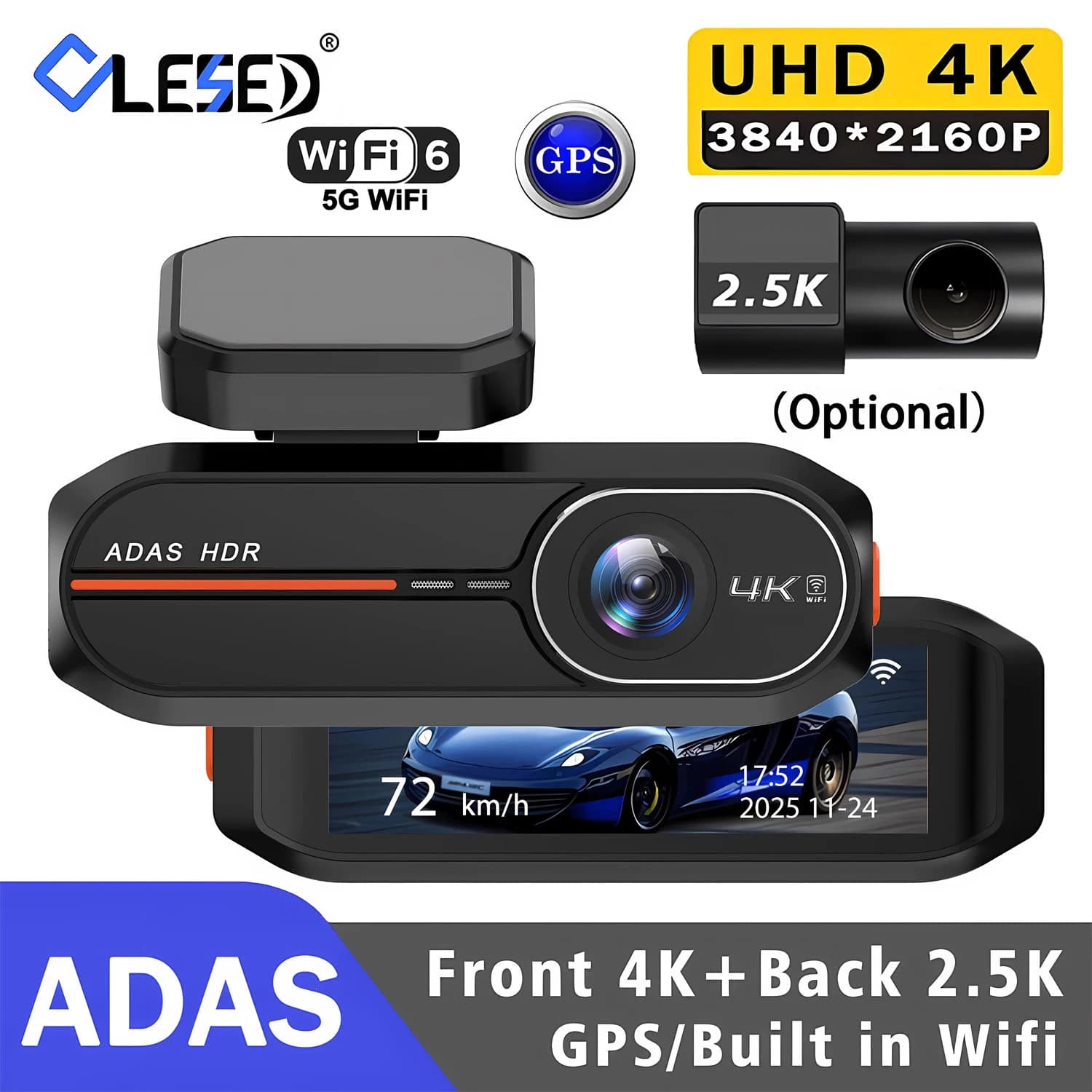 Dash Cam 4K 3840*2160P with WiFi, GPS, ADAS, Video Recorder DVR Front 4K and Rear 2.5K, Night Vision 24H, Car Camera, Black Car Box