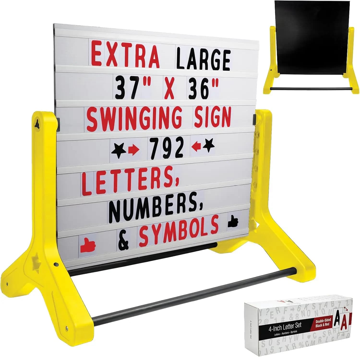 37"×36" Swinging Changeable Letter Sidewalk Sign, Heavy-Duty Rust-Resistant Outdoor Advertising Display with Yellow Legs, 792 Pre-Cut Double-Sided Letters & Built-In Storage Box for Business & Event Promotion