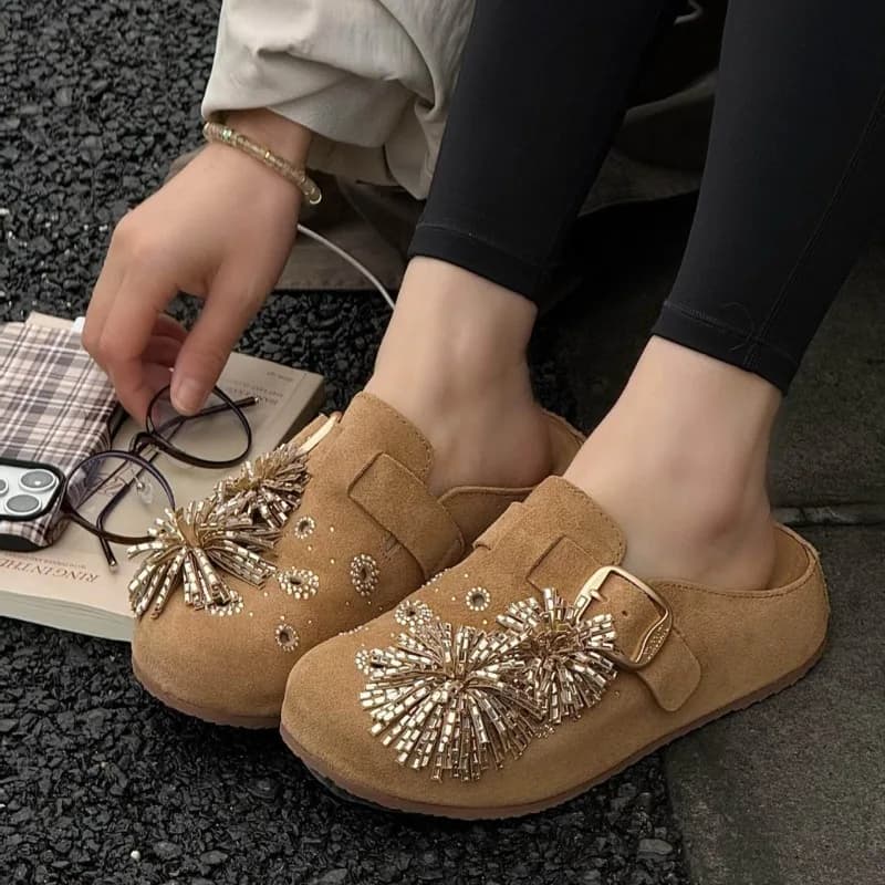 Thick-soled Flowers Balamasa Shoes for Women, Height-increasing, Retro One-piece Toe-cap Half Slippers, Mule Slippers