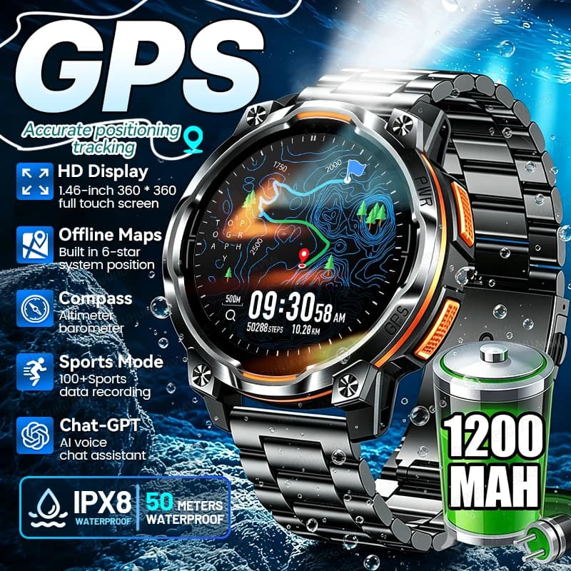 New Outdoor Military GPS Smart Watch 1200mAh Battery Compass IPX8 Waterproof 100+Sports Mode BT Call Men Adult Sports Smartwatch