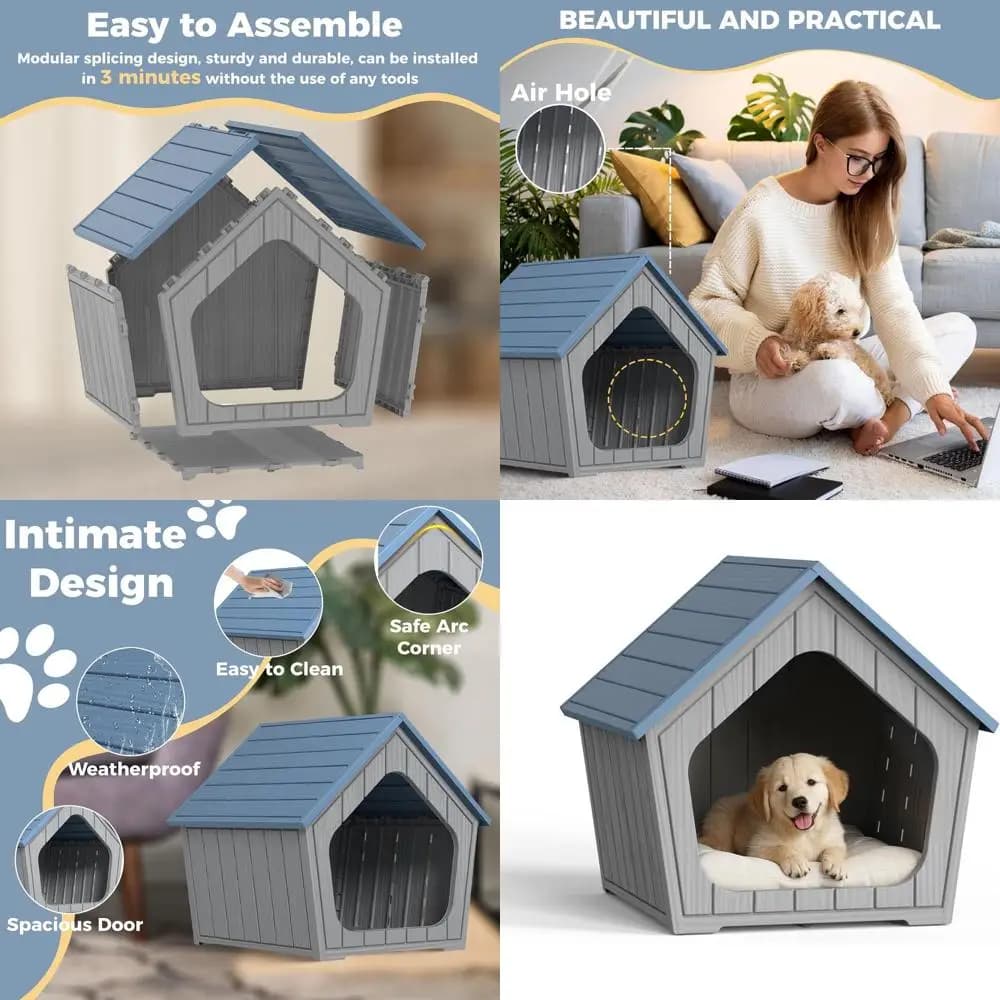 Cuccia per Cani di Piccola Taglia Resistente, Riparo per Animali Domestici Impermeabile e Antigraffio per Interni/Esterni con Prese d'Aria e Pavimento Rialzato, Facile da Montare