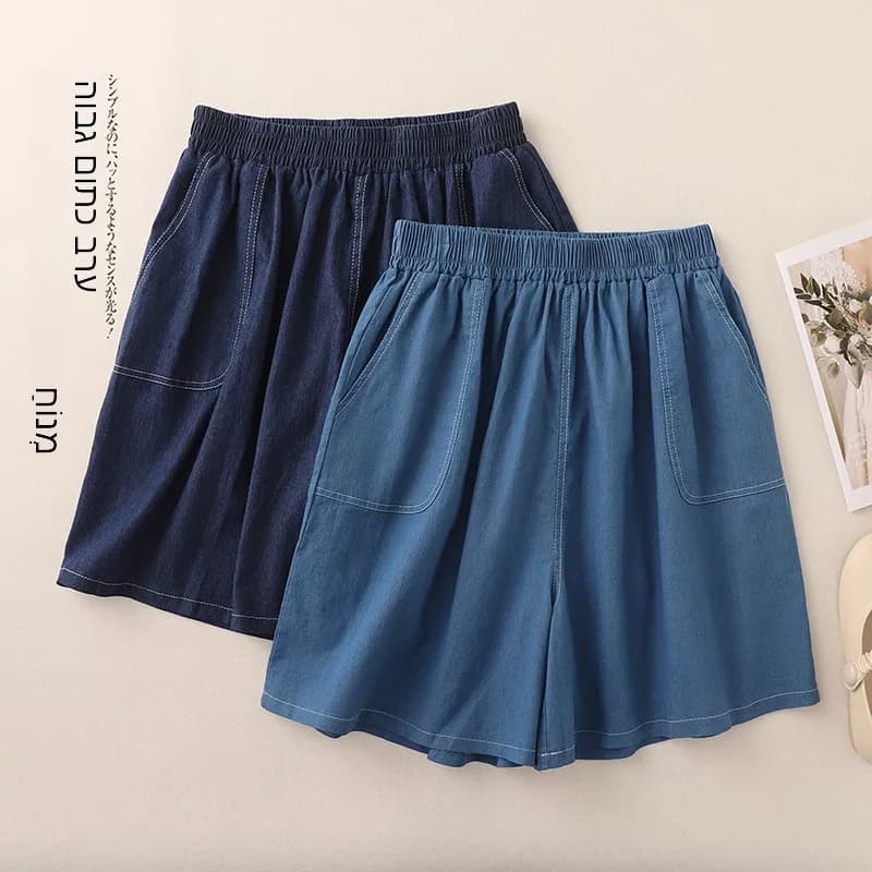 Shorts in denim estivi sottili a vita alta con bottoni, modello a trapezio, da donna, casual, a gamba larga, a cinque punte, in misto cotone, taglie forti