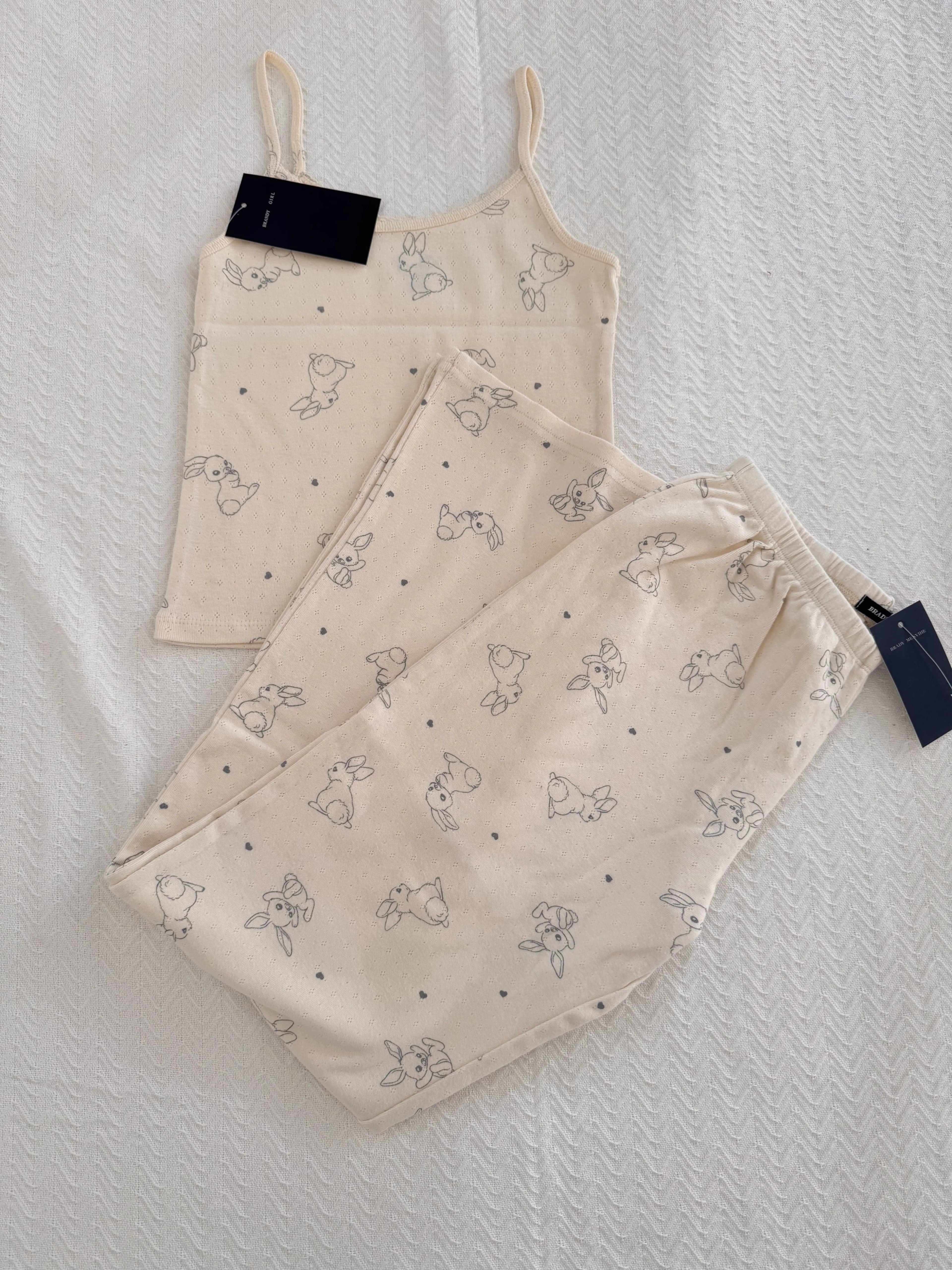 Occhiello Simpatico Coniglio Stampa 2 Pezzi Set Donna Senza Maniche Canotta Sottile + Pantaloni Dritti Set Cotone Casual Dolce Casa Accogliente Pigiama Nuovo