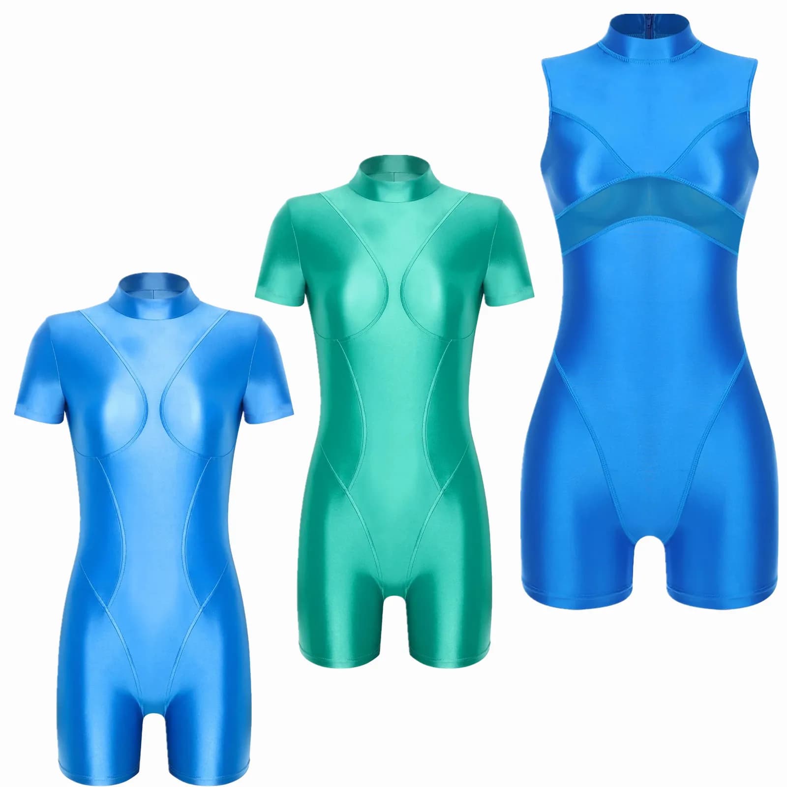 Women's Swimsuit Oil-shiny Bodysuit Swimwear Sheer Mesh Back Zipper Boxer Bottom Jumpsuit Swimming Bathing Suit Yoga Sportswear