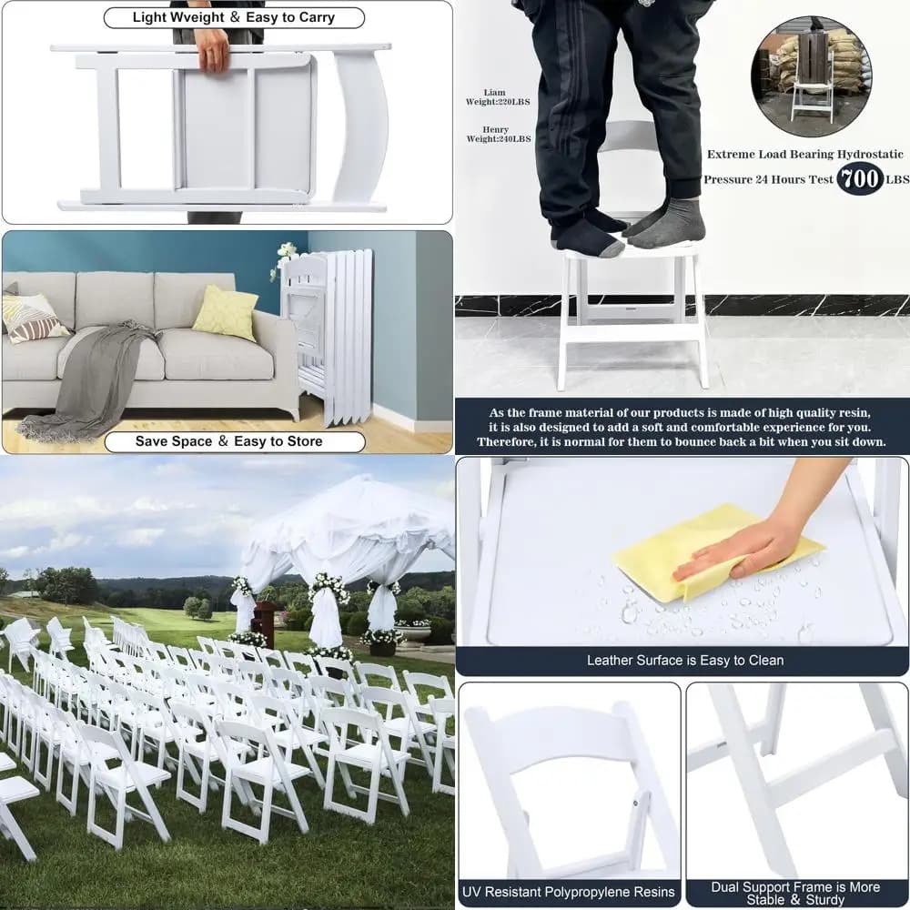 Sedia pieghevole resistente in resina bianca con cuscino, supporti 700 libbre, ideale per eventi interni ed esterni, versatile per riunioni, P