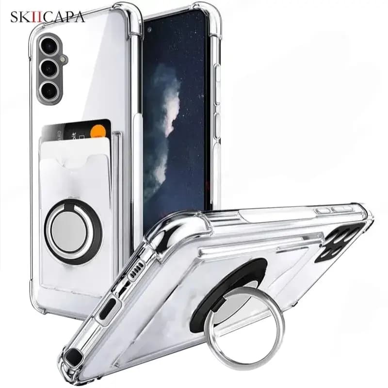 Custodia per telefono con carta a portafoglio trasparente con supporto ad anello per Samsung S24 FE S24 Ultra S23 Plus Airbag Cover morbida antiurto a quattro angoli S24FE