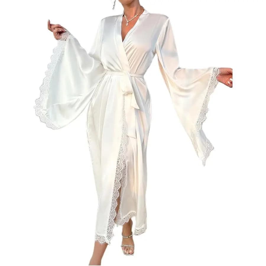 Long-sleeved vigil for Women, White in Satin with Long Sleeves, Night Dress for Spa, Bridal Bathrobe