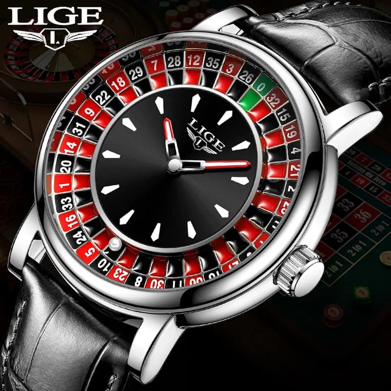 LIGE Men's watch with Russian roulette dial Men's wristwatch with creative dial Men's wristwatch with bright rotating lucky ball in working leather