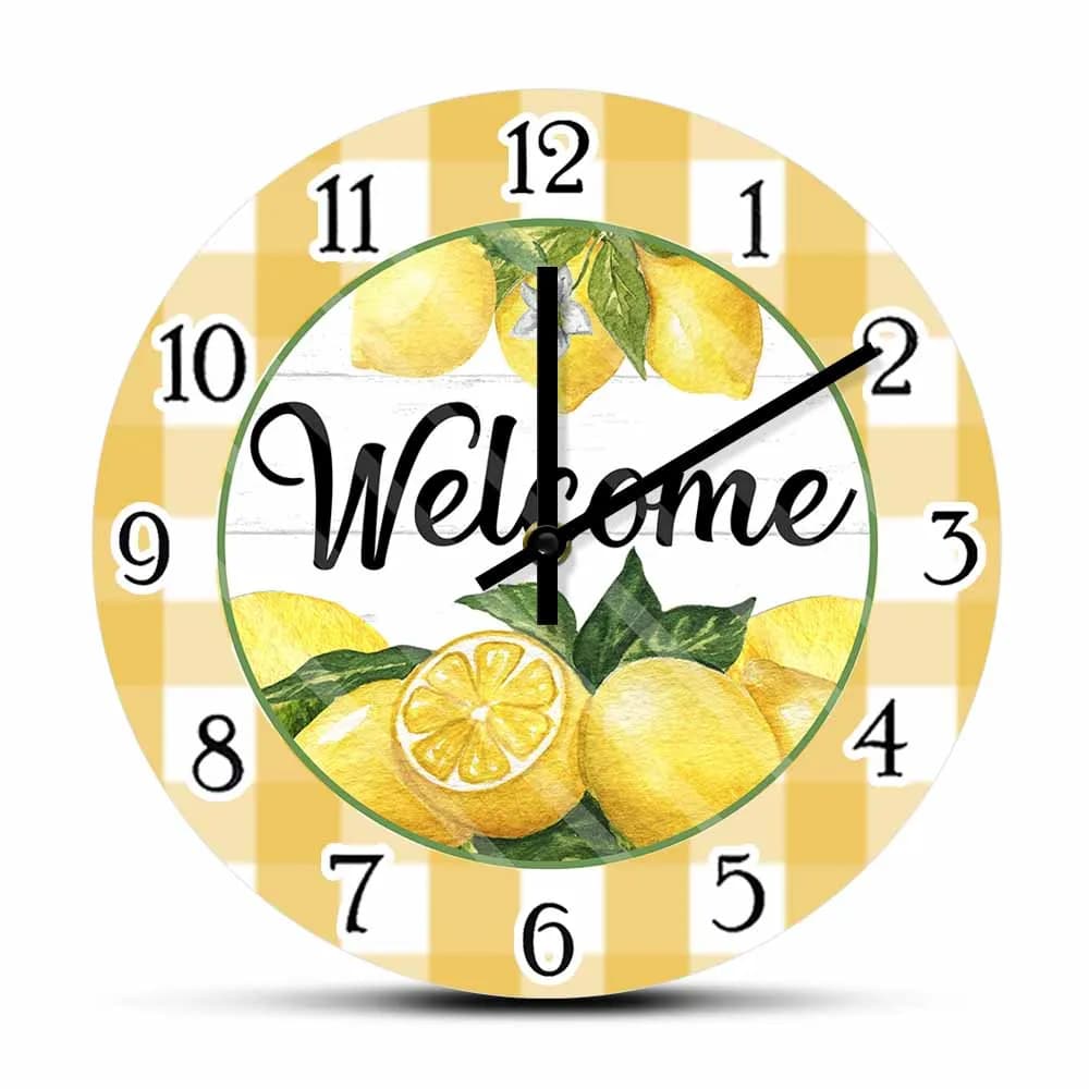 Orologio da parete con stampa di limoni e motivo a quadretti gialli per cucina, sala da pranzo, decorazioni estive per la casa, opera d'arte con frutta, orologio al quarzo silenzioso