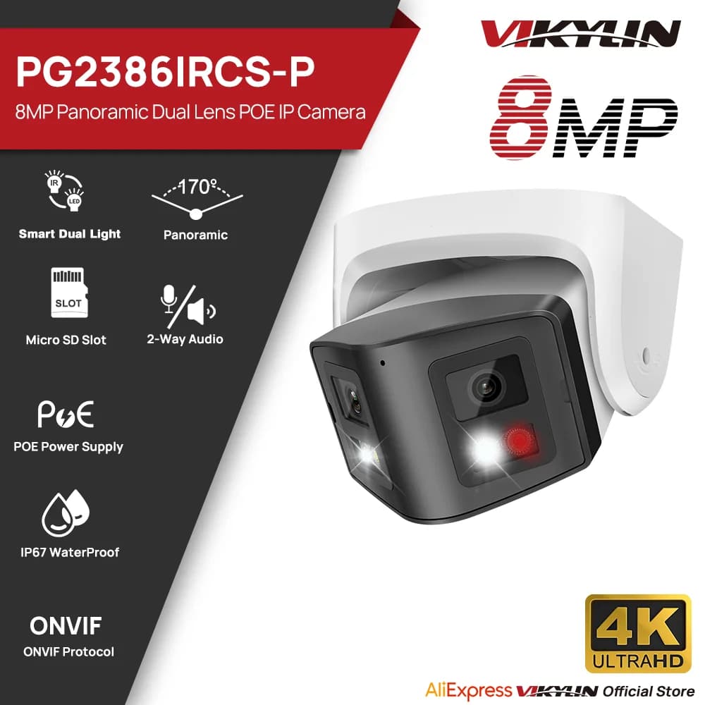 Vikylin Telecamera IP panoramica intelligente a doppia luce da 8 MP, con audio bidirezionale, CCTV, POE, telecamera di sicurezza Onvif, videosorveglianza IP66