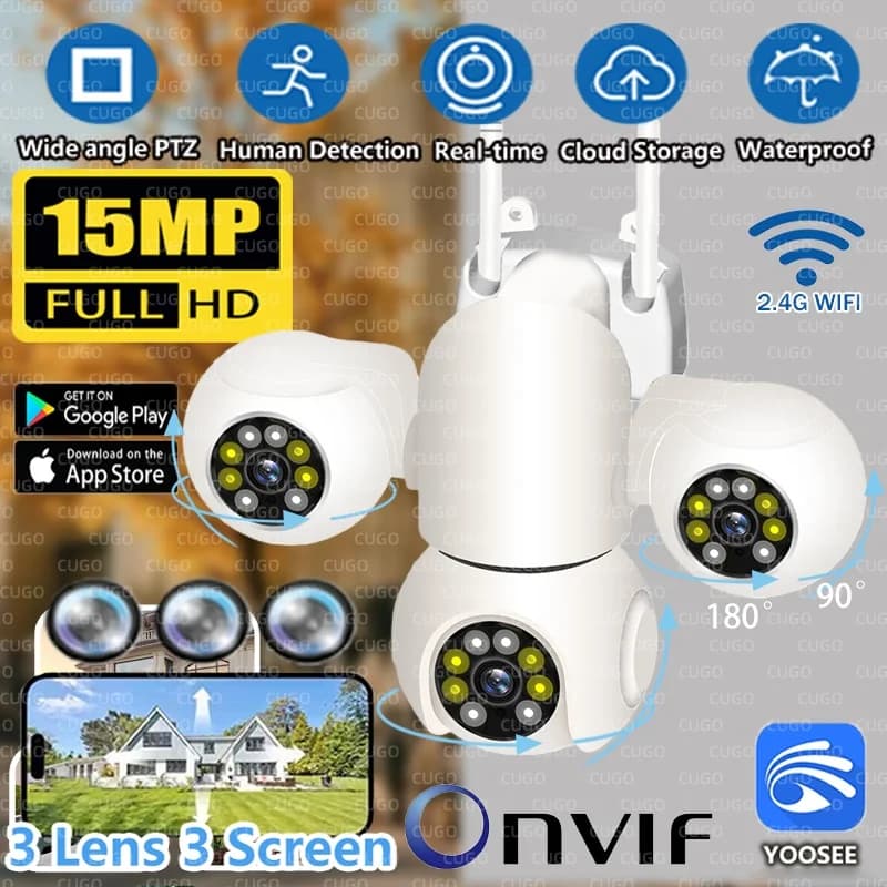 Telecamera IP WiFi 15MP 8K con Tre Schermi e Tre Obiettivi, Impermeabile per Esterni, Onvif PTZ con Tracciamento Automatico, Videosorveglianza CCTV YOOSEE
