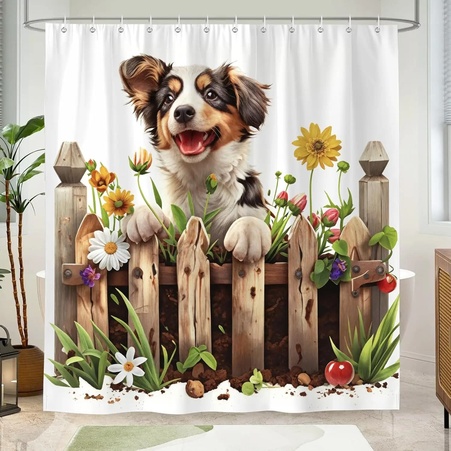 Tenda da doccia per cani da fattoria, tenda da bagno in tessuto poliestere impermeabile per cani da compagnia floreale divertente con 12 ganci