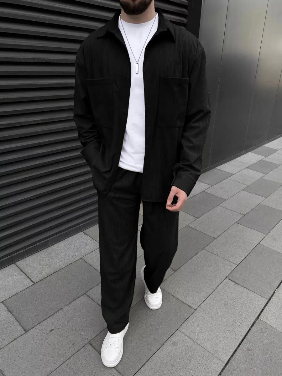 Men's ribbed velvet suit: long sleeve shirt with buttons and wide leg pants, casual and fashionable sportswear.