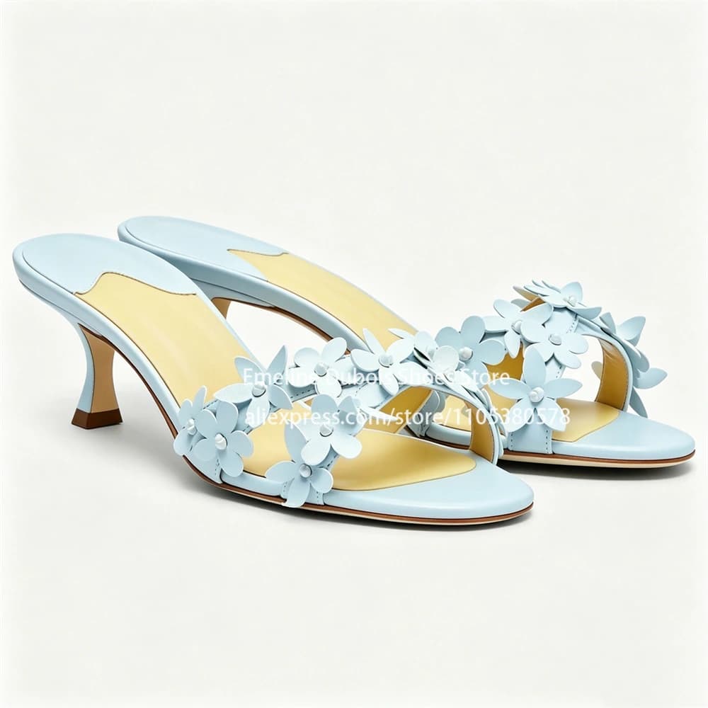 Flower Applique Leather Kitten Heel Sandals Open Toe Slip on Elegant Mid Heel Sandals Summer Beach Wedding Ladies Dress Shoes