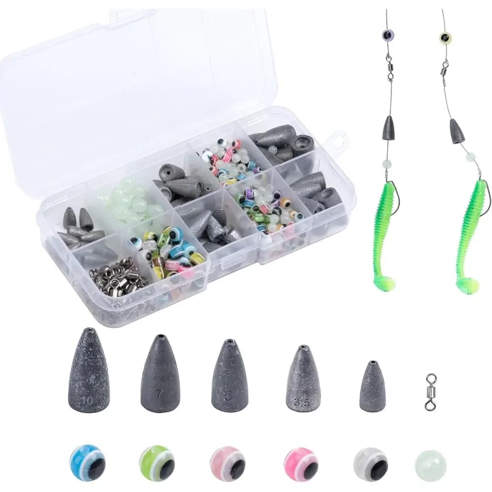 Kit essential fishing equipment: box, masks, hooks, lires, poplars, trout and catfish