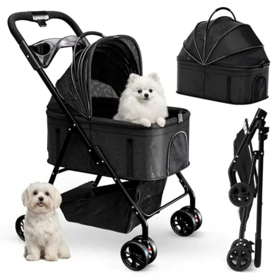 Passeggino per Animali Domestici 3 in 1 Pieghevole per Uso Esterno, Tessuto in Poliestere, Grigio, Leggero con Portabicchieri, Impermeabile