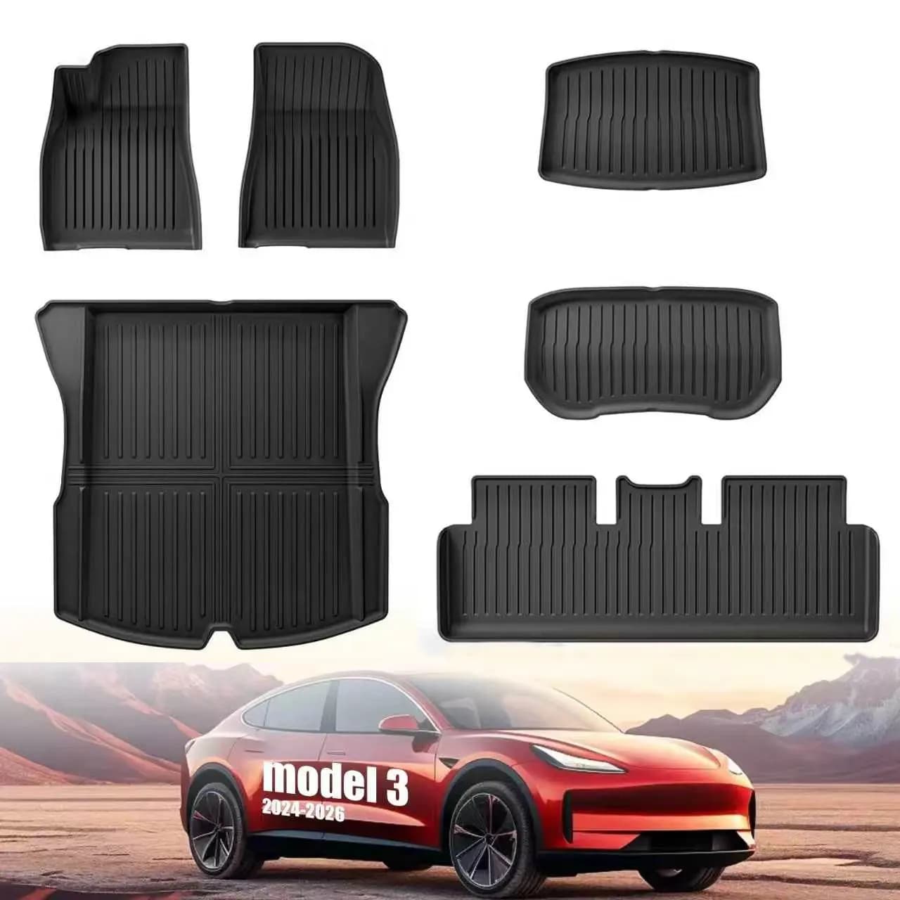 For 2024-2026 Model 3 Highland 6PCS Full Set TPE Floor Mats Custom Fit Full Coverage All Weather Waterproof Anti-Slip Odorless Cargo Liner Rear Seat Back Protector