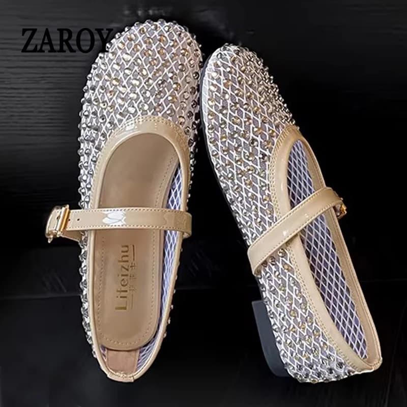 ZAROY Ballerine with Rhinestones and Net, Mary Jane Shoes with Crystals, Elegant Luxury Mules for Summer, Women's Sandals