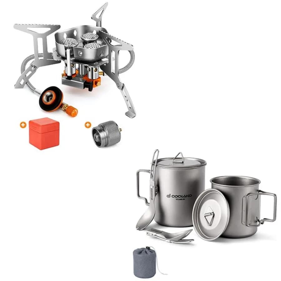 Set - 2 Articoli: Fornello da Campeggio Antivento 6800W e Set di Pentole in Titanio 420ML e 750ML