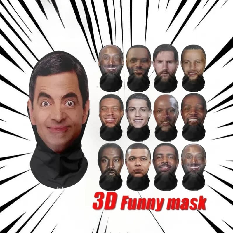 NUOVO 3D CR7 Mr. Bean Messi Maschera per la testa senza soluzione di continuità Viso divertente Sciarpa per la testa stampata Persona famosa Protezione solare in seta Halloween Cosplay