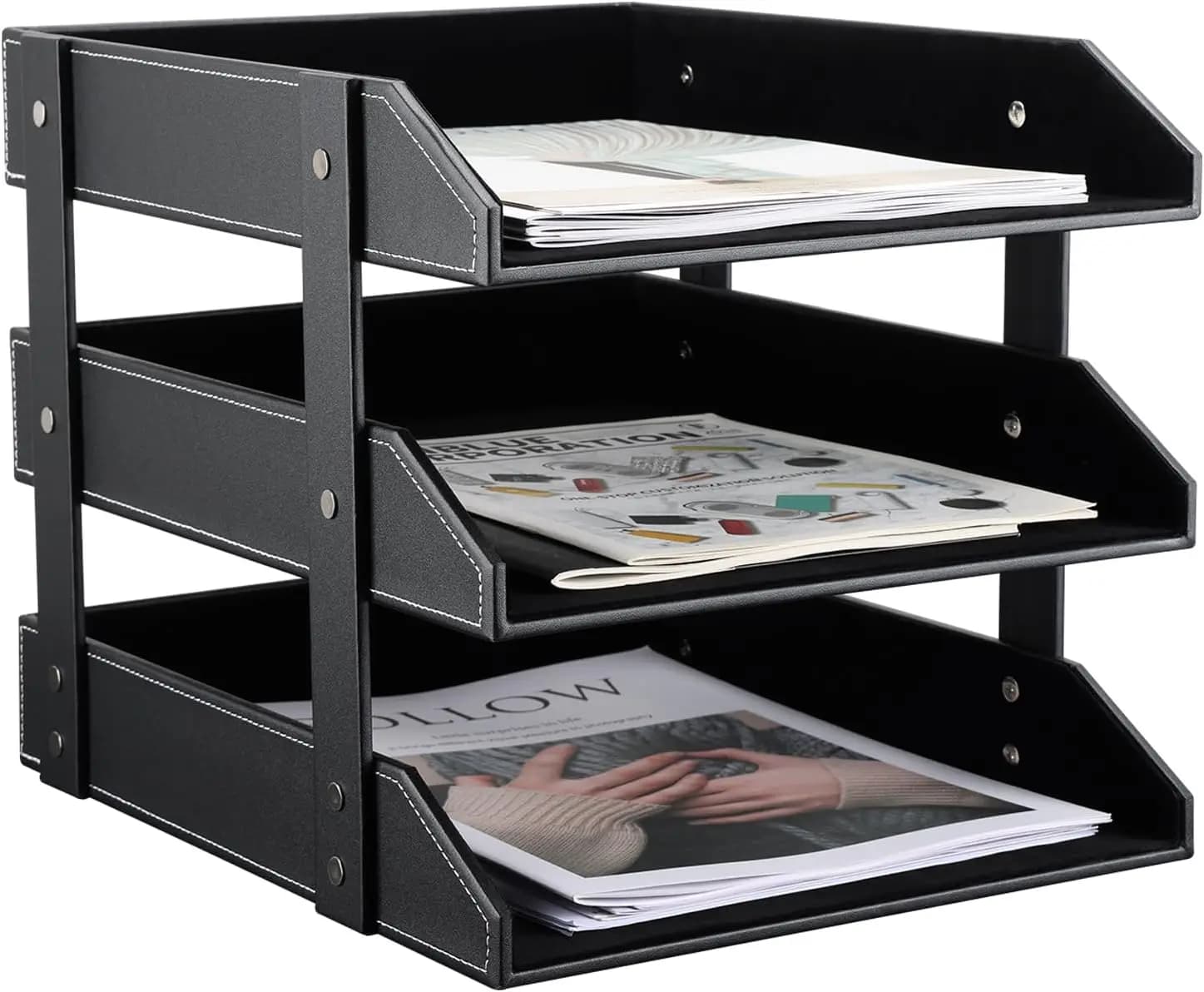 Vassoio organizer per carta in pelle, portadocumenti da scrivania in legno, selezionatore di riviste impilabile per casa o ufficio - 3 livelli nero