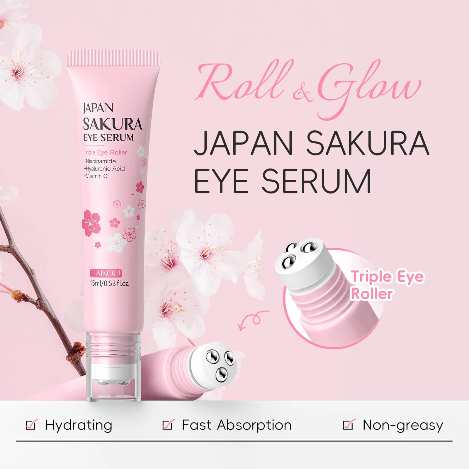 LAIKOU Siero Contorno Occhi al Sakura 15ml, Trattamento Idratante per Occhi, Migliora Occhiaie, Gonfiore e Rughe Sottili, Illuminante per la Pelle