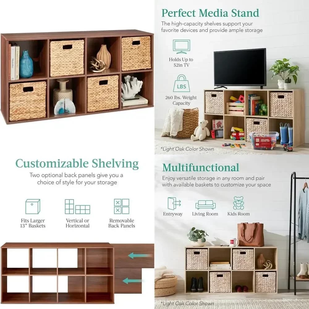 Walnut 8-Cube Storage Organizer with 13.5 Shelves, Bookcase, Display Rack, Customizable with 2 Removable Backs