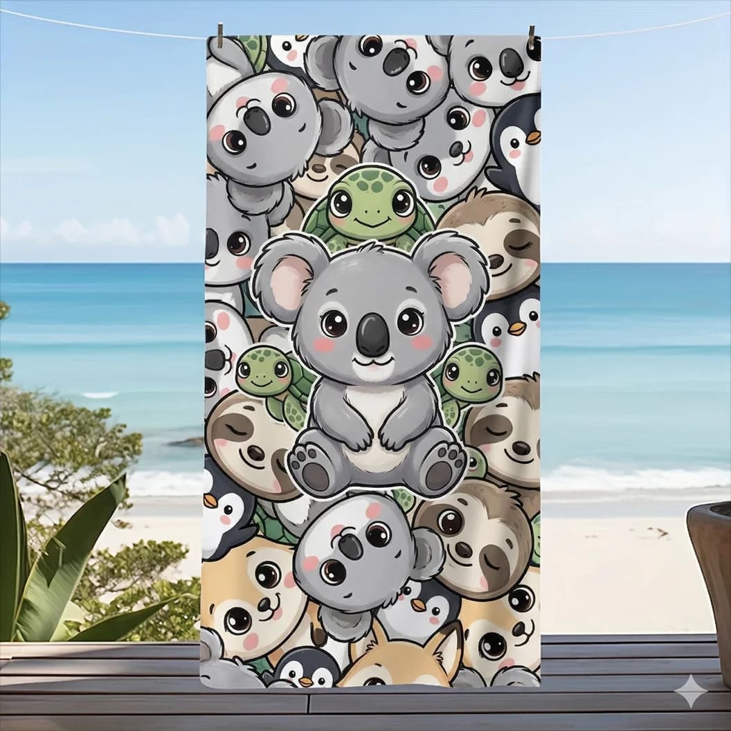 Telo Mare in Microfibra ad Asciugatura Rapida, con Stampa di Koala, Bradipo e Pinguino, Anti-Sabbia, Grande, Morbido, per Viaggi e Nuoto, per Bambini