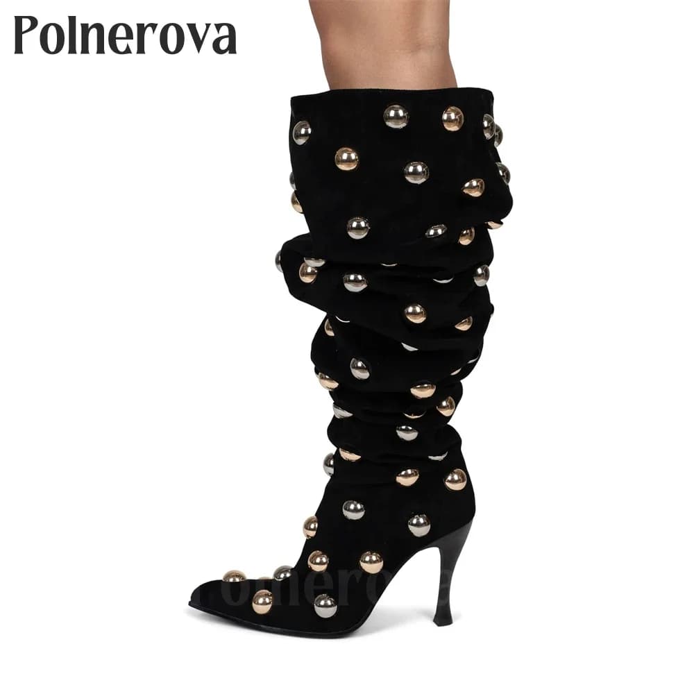 Black Boots in Suede Leather with Metallic Golden Beads, Sexy Toe Boots with Spilled Heel, Designer Style, Handmade for Women