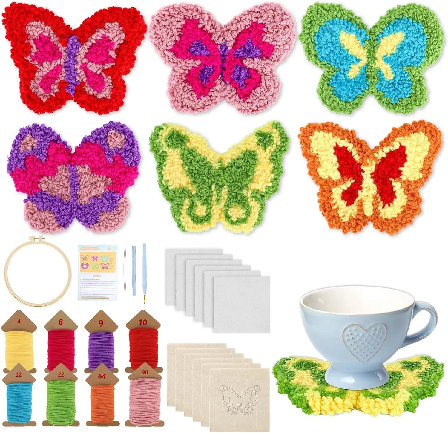 SDOYUNO Punch Needle Kit for Beginners 6pcs Patterns Butterfly Designs Embroidery Punch Needle Coaster Kit for Mom Art Craft