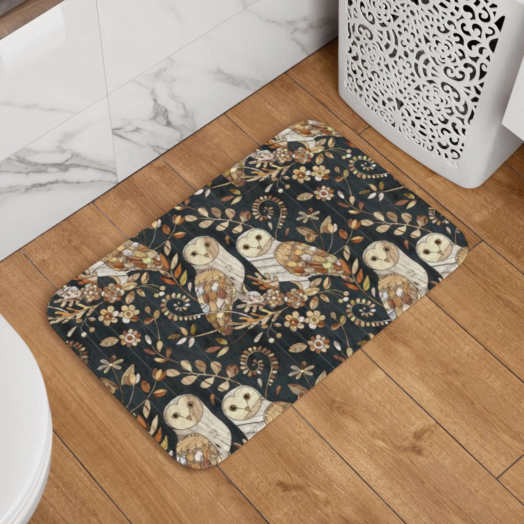 Tappeto Personalizzato in Legno con Gufo della Campagna, Antiscivolo per Cucina, Bagno, Soggiorno, Ingresso