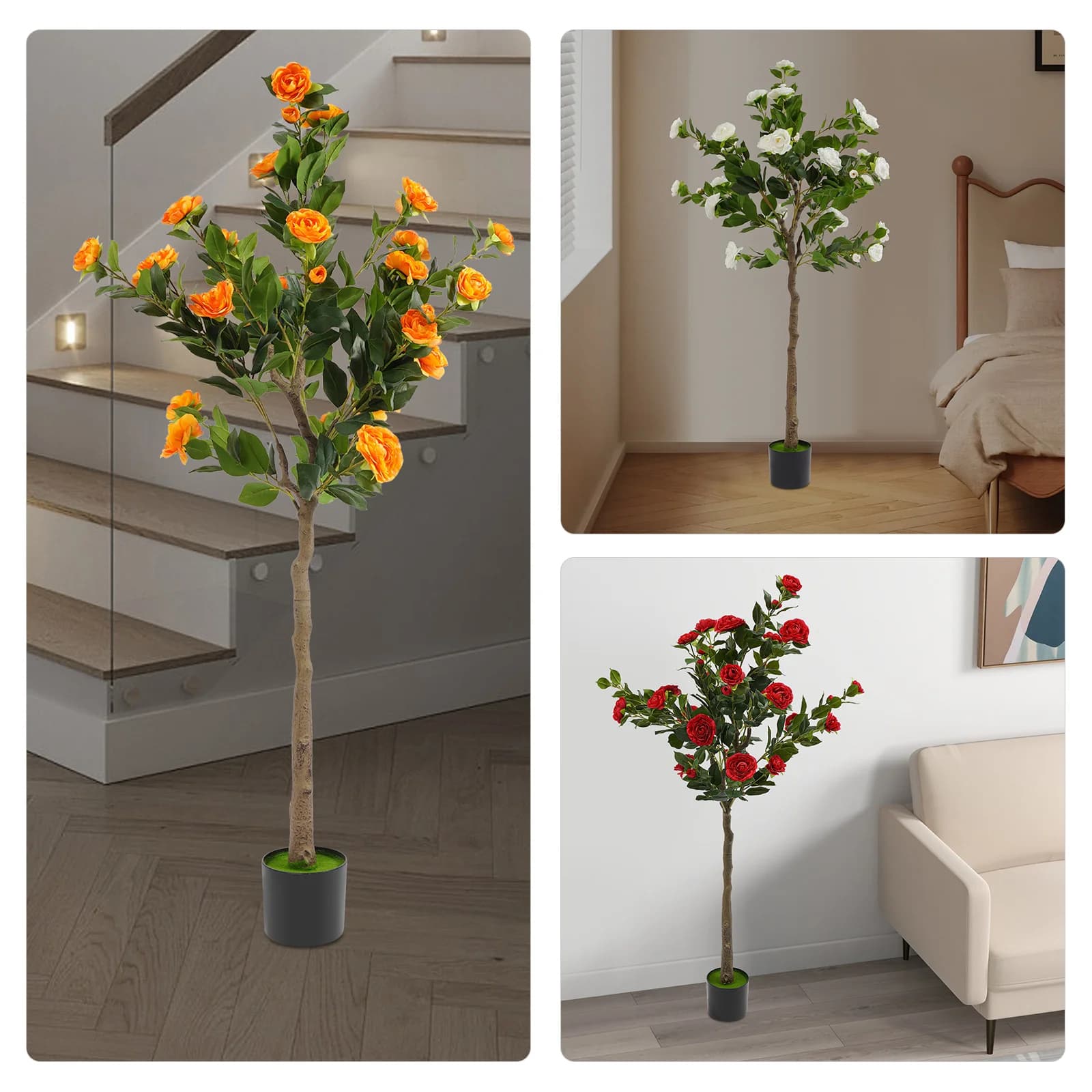 Albero di Camelia Artificiale con Fiori Rossi, Pianta di Camelia Finta in Vaso per Arredamento Casa, Albero Floreale Realistico per Patio e Ufficio