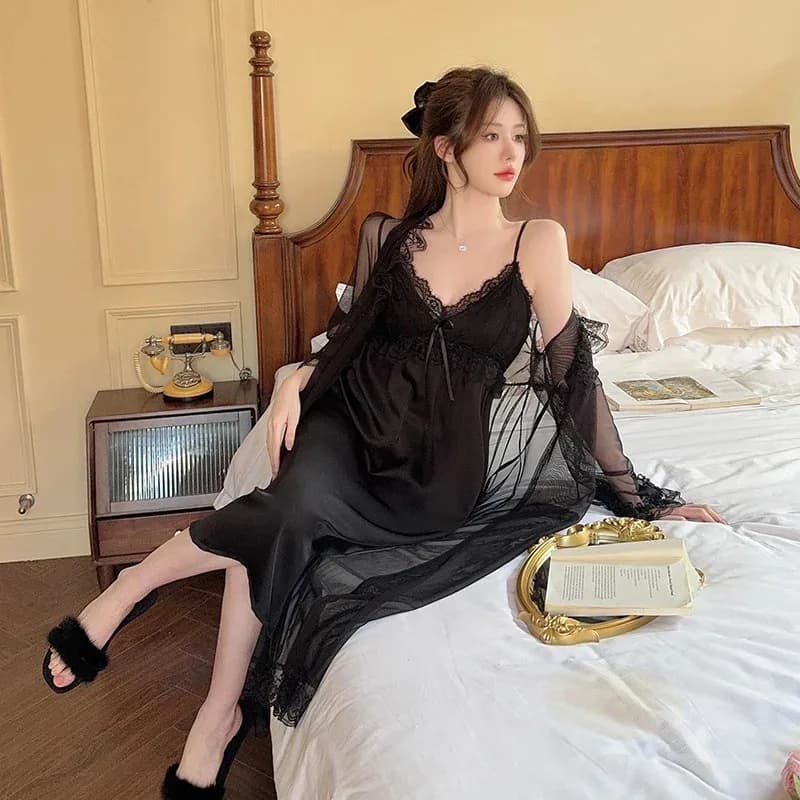 Set da Sposa 2 Pezzi: Vestaglia e Camicia da Notte in Raso con Pizzo a Rete, Kimono Estivo da Donna, Abbigliamento da Notte e da Casa d'4o