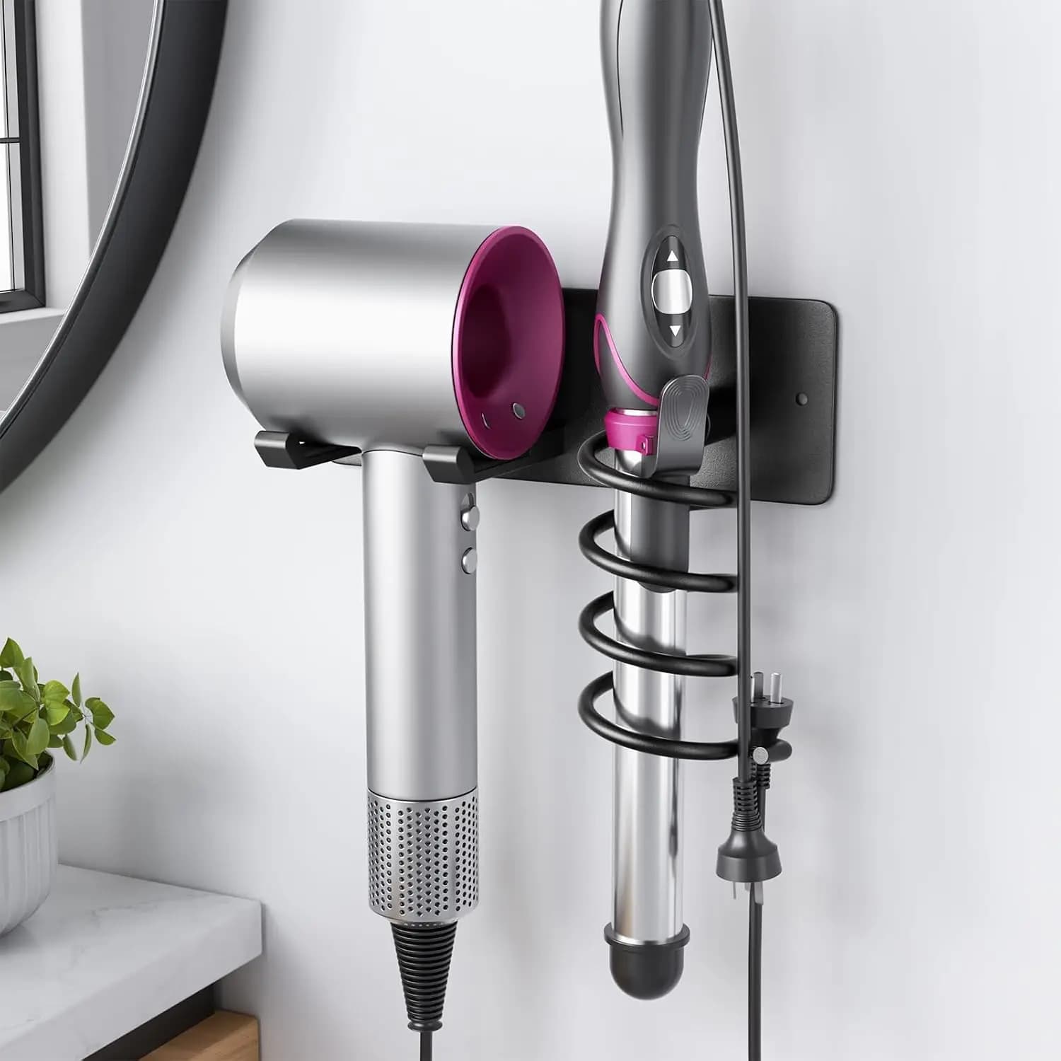 Hair Dryer Holder + Curling Iron Holder,Blow Dryer Holder Wall Mount, Bathroom Hair Tool Organizer Rack for Universal Dryer Matte Black