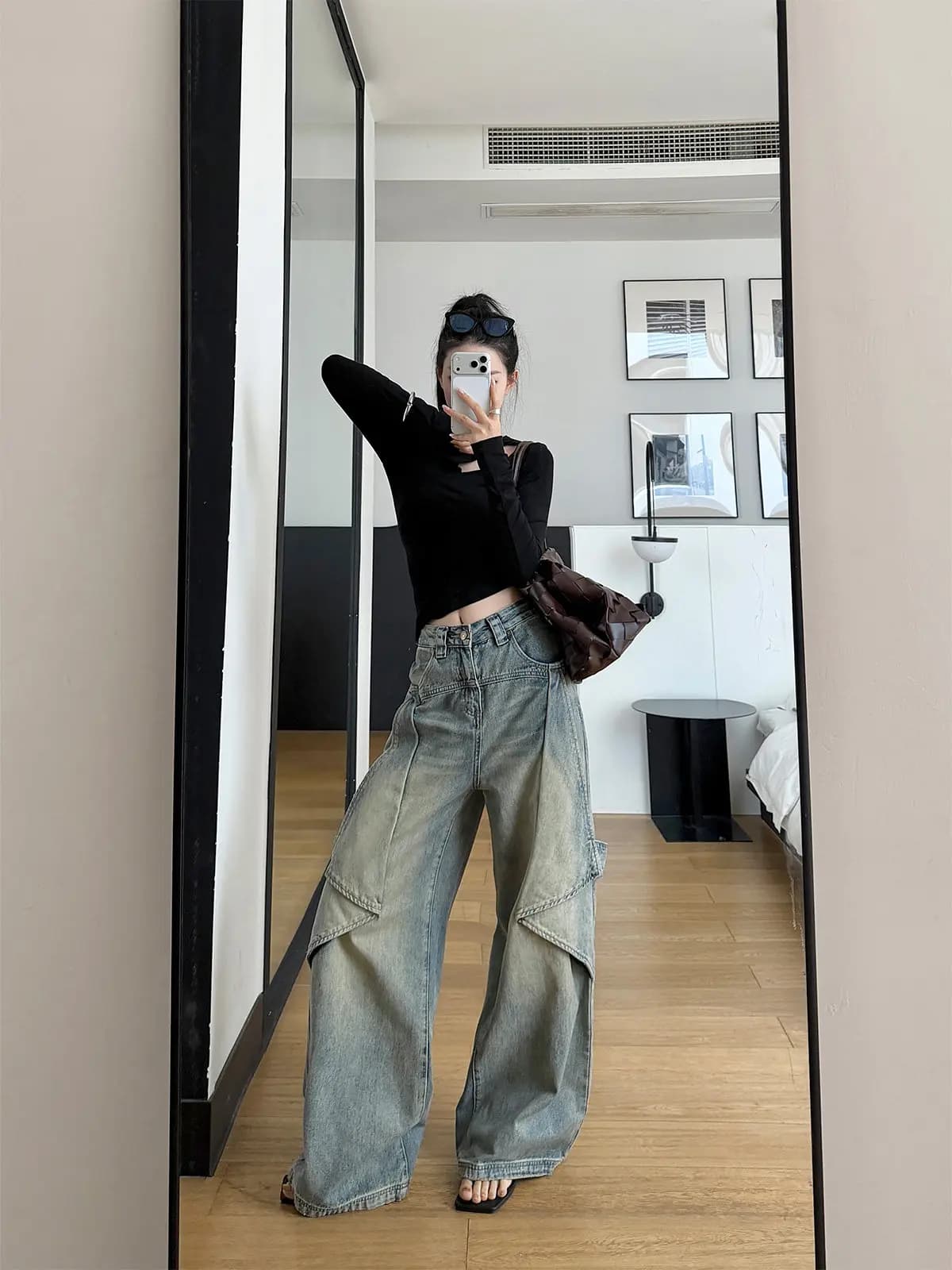 Jeans a Vita Alta e Gamba Larga da Donna, Taglio Dritto, Tintura Sfumata, Effetto Invecchiato, PAPERLLL, Primavera, Misto Cotone