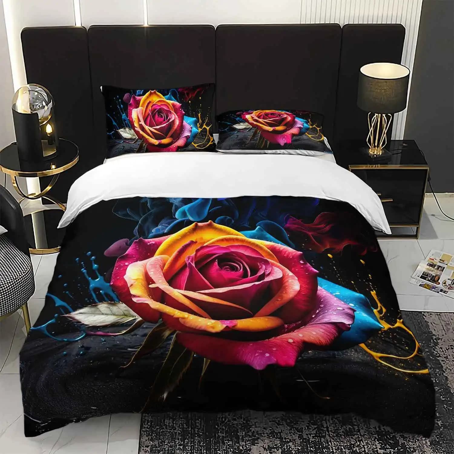 Set copripiumino per biancheria da letto con rosa arcobaleno da 3 pezzi Set trapunta per biancheria da letto con rosa astratta Set trapunta per letto a tema floreale moderno Rosa artistica