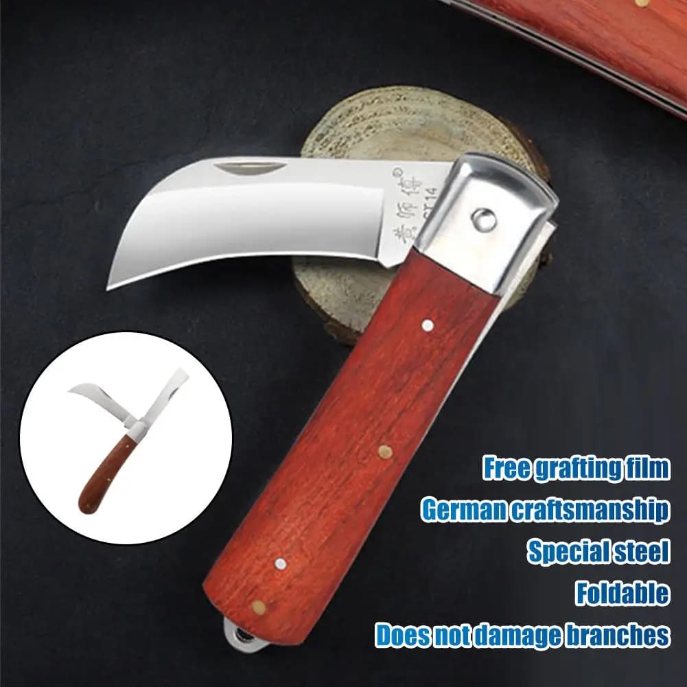 Coltello da innesto pieghevole con manico in legno, strumento per innesto e potatura per alberi da frutto, forbici professionali da giardinaggio.