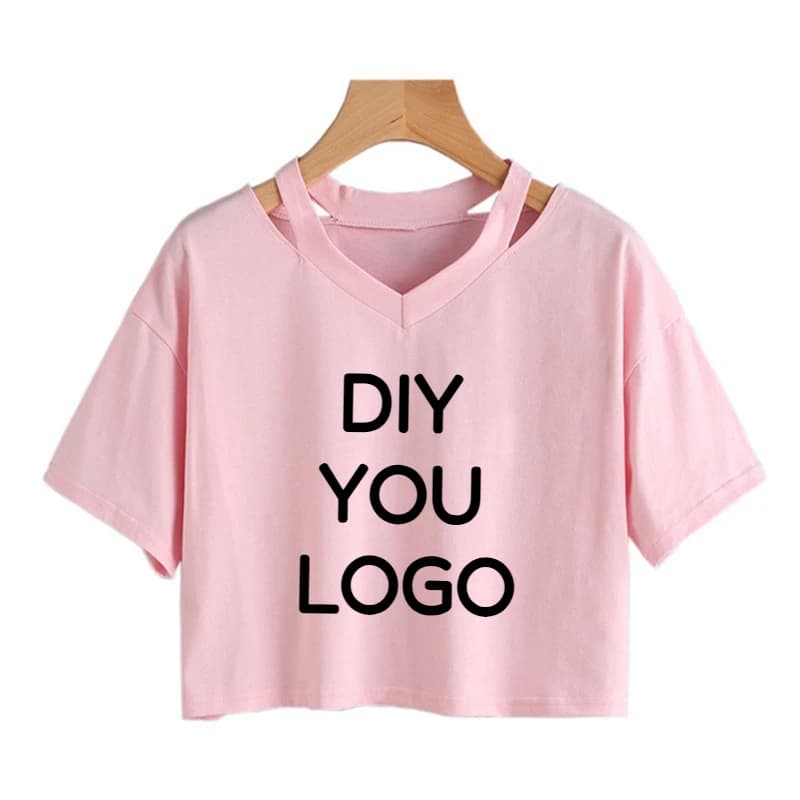 Il tuo esclusivo modello di stampa fai-da-te Personalizza la maglietta sexy cava con spalle scoperte estive Top corto da donna a maniche corte con scollo a V