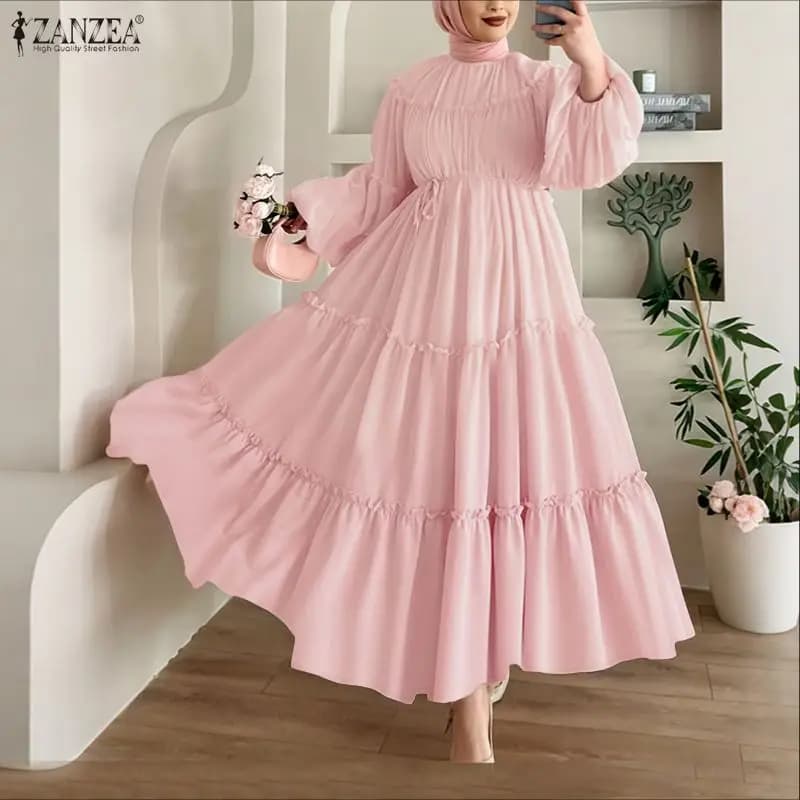 Donna musulmana Modesto volant Trim Maxi abito Elegante manica a lanterna Telai A-Line Abiti lunghi a strati Abiti islamici Ramadan 3XL