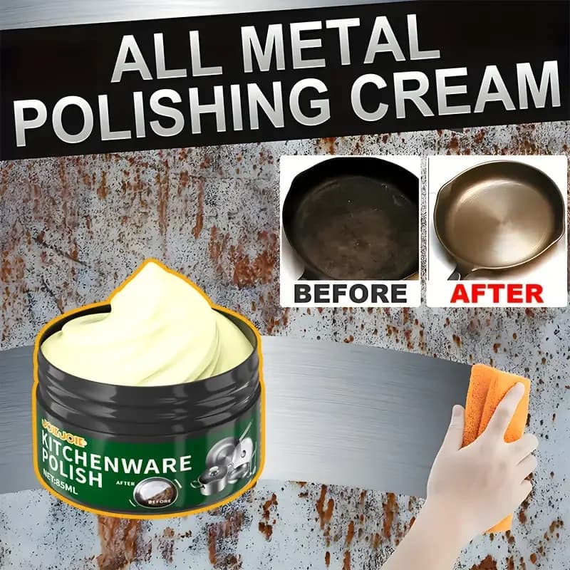 Multi functional metal polishing paste - a universal metal refurbishment cream suitable for range hoods, chrome plated cars, etc