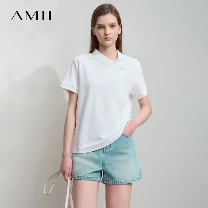 Amii Minimalismo T-shirt casual 2025 Estate Nuove donne Asimmetrico Dritto POLO Skinny Cool Comfort Sport Tees Top 12552109