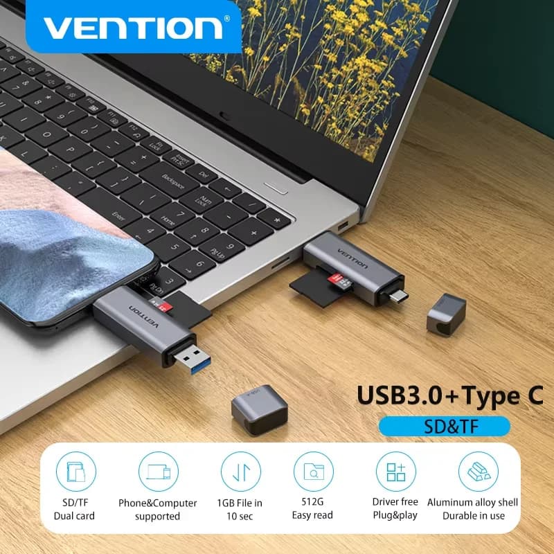 Vention Lettore di schede USB 3.0 e USB C Lettore di schede di memoria Micro SD/TF per laptop Smartphone Fotocamera Adattatore a doppio slot Dispositivi USB