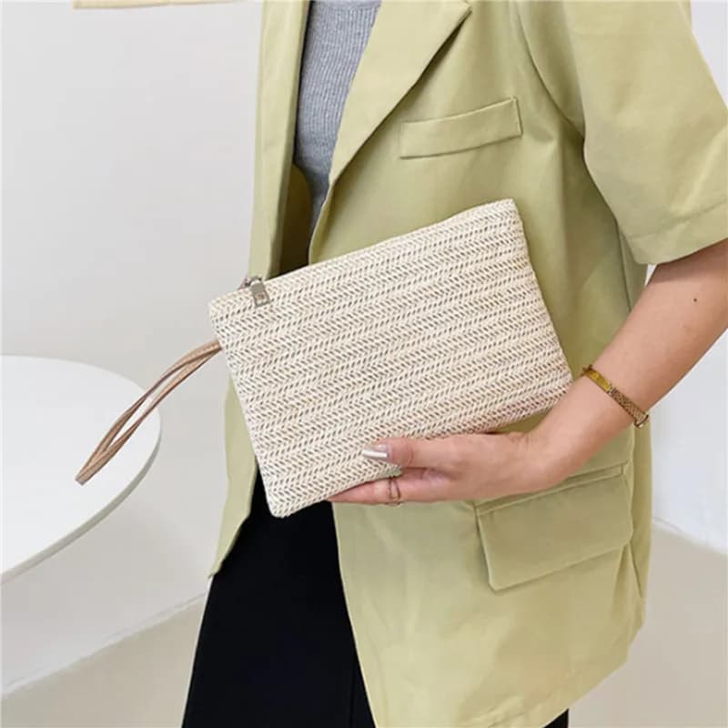 Portamonete da polso con pochette intrecciata in paglia solida da donna alla moda - Porta soldi giornaliero per telefono Porta carte da spiaggia per donna