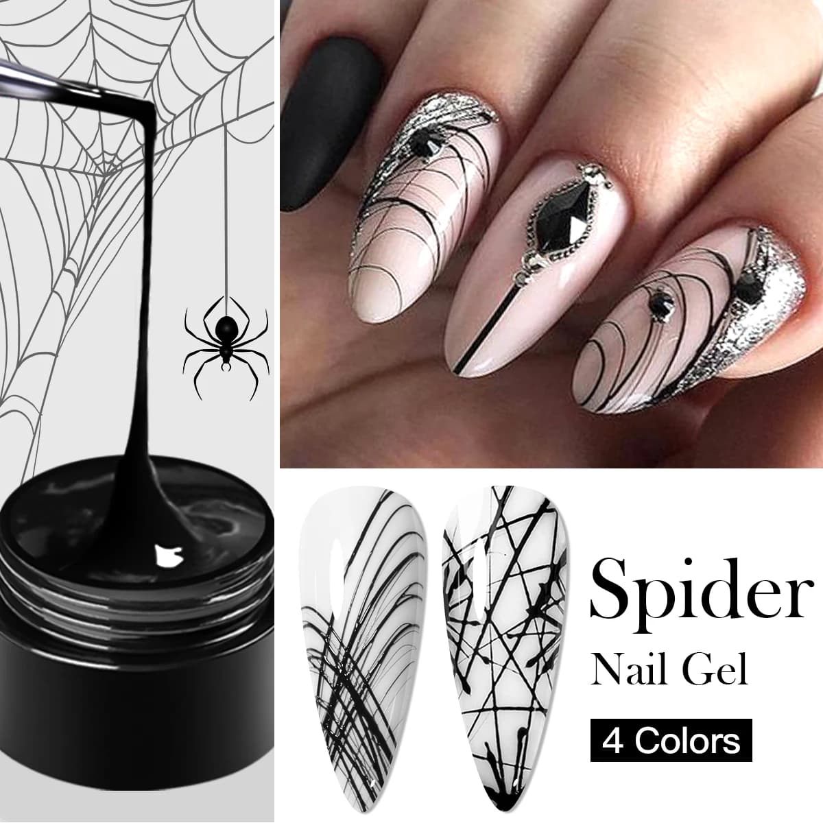 Gel per Unghie Effetto Ragno Nero e Bianco, Gel Elastico per Disegno a Filo, Gel UV Soak Off per Nail Art Fai da Te
