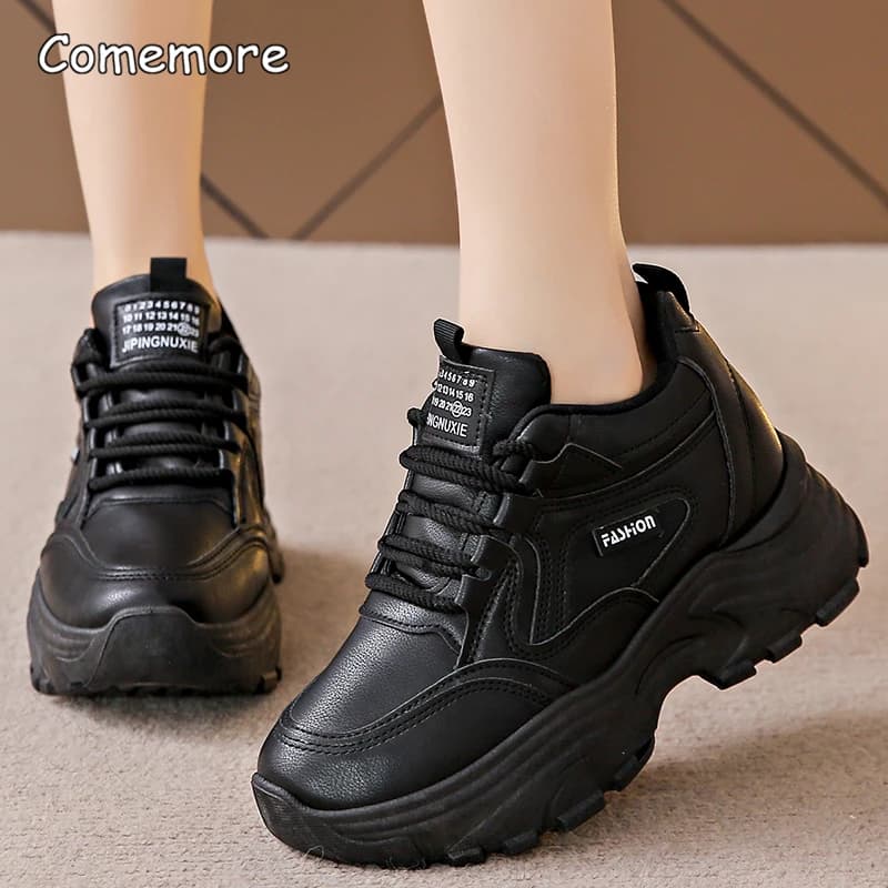 Women's sturdy black white sneakers 2025 Sports shoes with autumn fashion platform for women casual non-slip walking shoes with thick sole