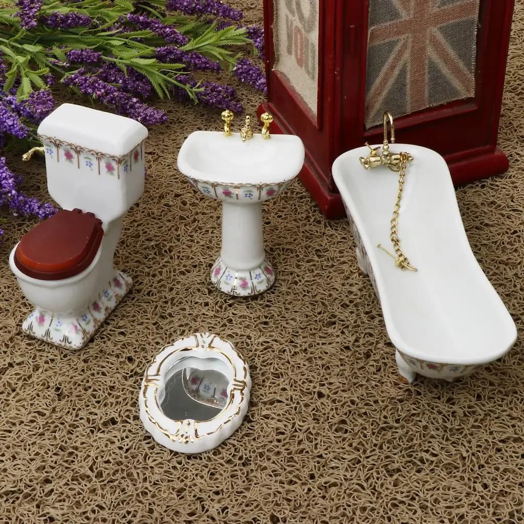 Set di Accessori per Bagno in Miniatura, Vasca da Bagno in Ceramica, Lavandino e Specchio per Casa delle Bambole 1:12